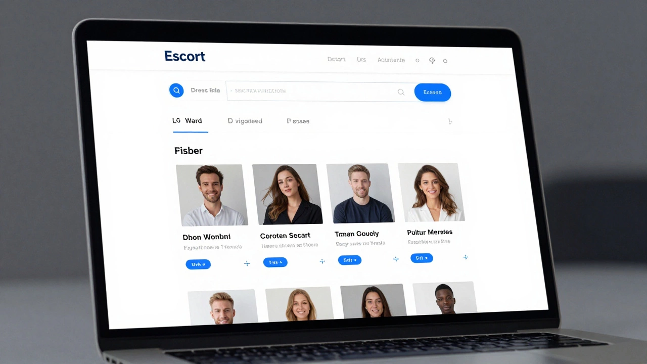 A clean, professional escort directory displayed on a laptop screen with verified profiles and real-time availability.